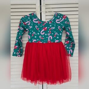 Girls Christmas Candy Cane Tulle-Skirted Dress - Green & Red